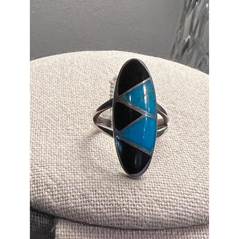 Vintage Native American Turquoise and Onyx Inlay Sterling size 5